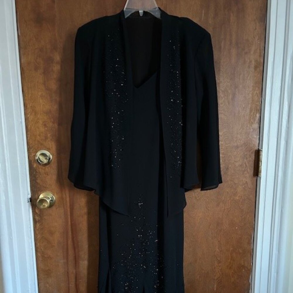 R&M Richards beautiful black gown with beading accents and jacket size 14